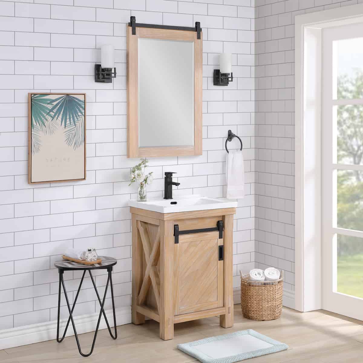 Vinnova Cortes 24 Inch Single Sink Bath Vanity in Weathered Pine with White Drop-In Ceramic Basin With Mirror Side 701724-WP-WH