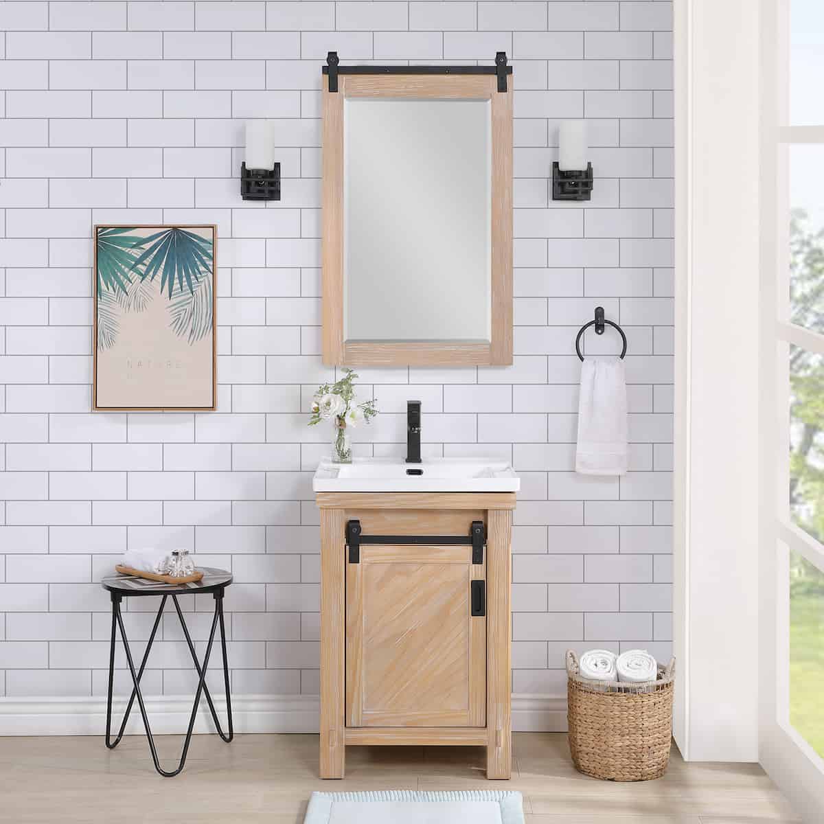 Vinnova Cortes 24 Inch Single Sink Bath Vanity in Weathered Pine with White Drop-In Ceramic Basin With Mirror in Bathroom 701724-WP-WH