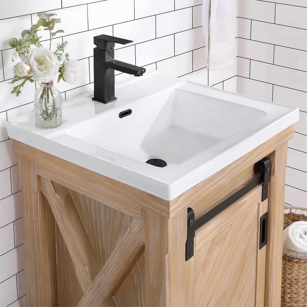 Vinnova Cortes 24 Inch Single Sink Bath Vanity in Weathered Pine with White Drop-In Ceramic Basin Without Mirror Counter 701724-WP-WH-NM