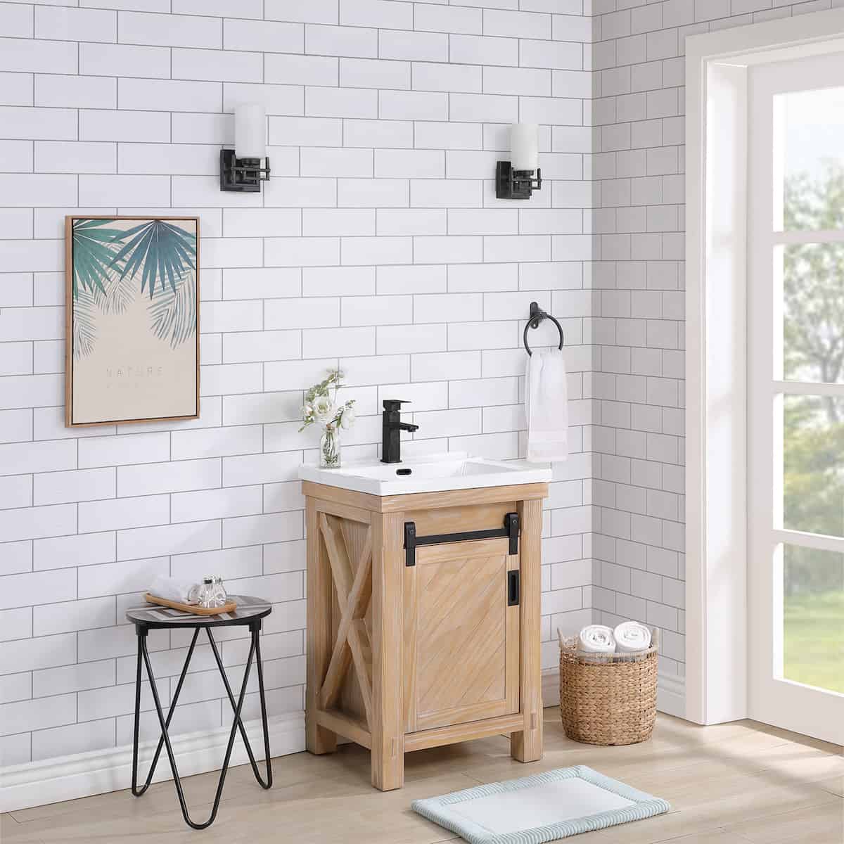 Vinnova Cortes 24 Inch Single Sink Bath Vanity in Weathered Pine with White Drop-In Ceramic Basin Without Mirror Left Side 701724-WP-WH-NM