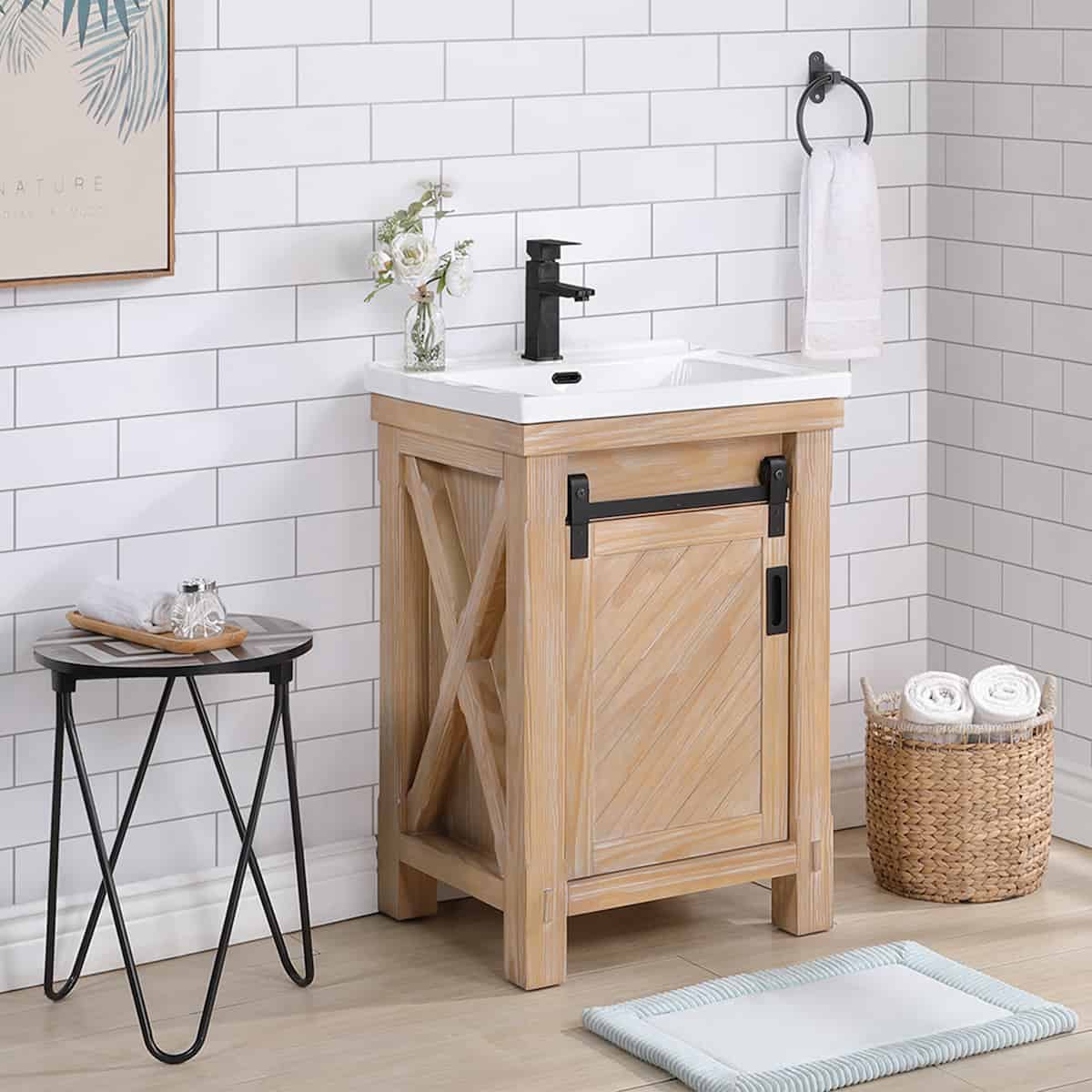 Vinnova Cortes 24 Inch Single Sink Bath Vanity in Weathered Pine with White Drop-In Ceramic Basin Without Mirror Side 701724-WP-WH-NM