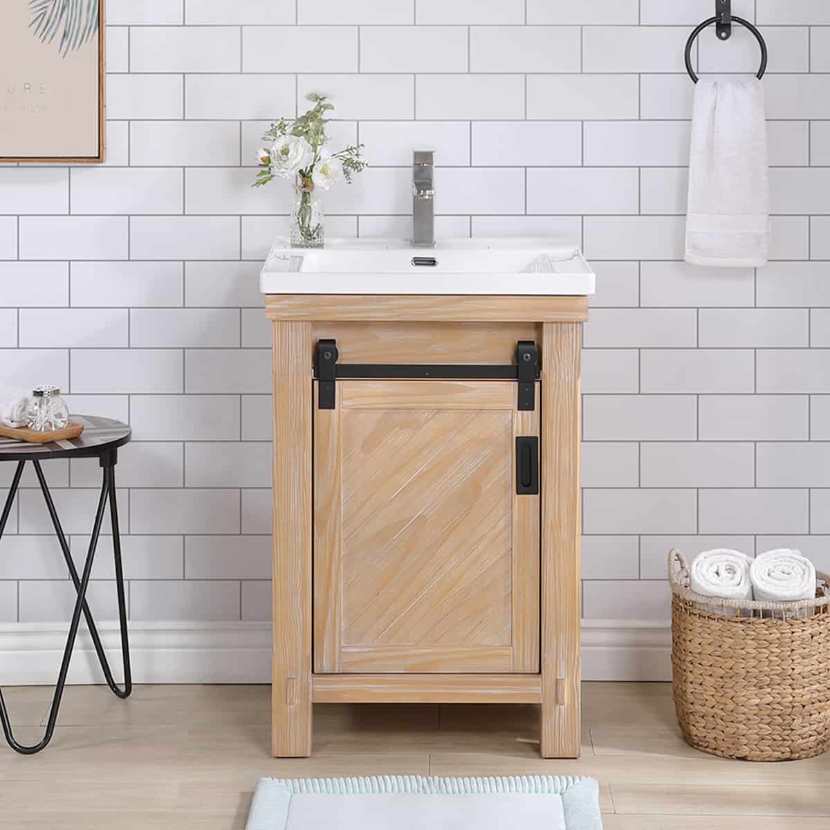 Vinnova Cortes 24 Inch Single Sink Bath Vanity in Weathered Pine with White Drop-In Ceramic Basin Without Mirror in Bathroom 701724-WP-WH-NM