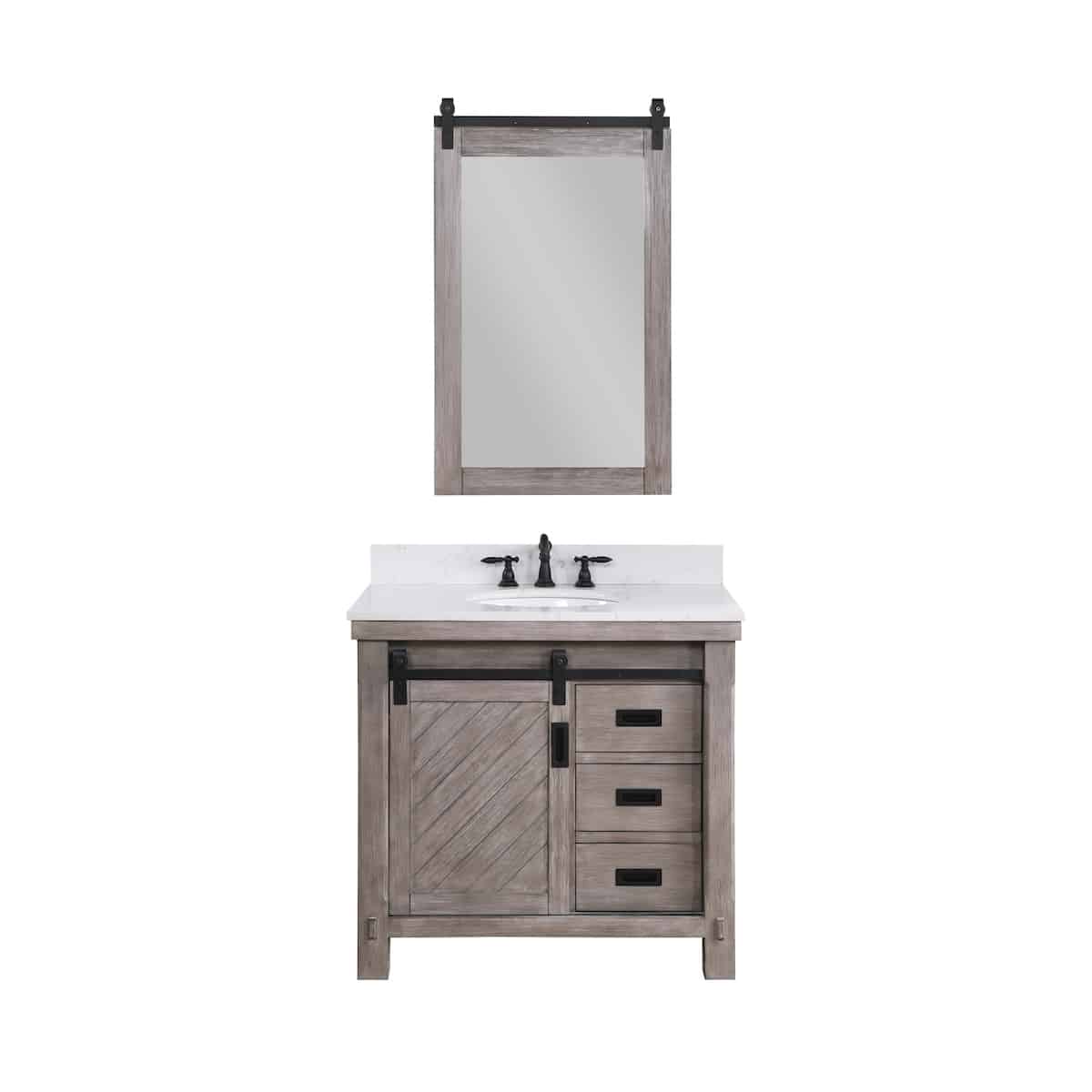 Vinnova Cortes 36 Inch Freestanding Single Sink Bath Vanity in Classical Grey with White Composite Countertop With Mirror 701736-CR-WS