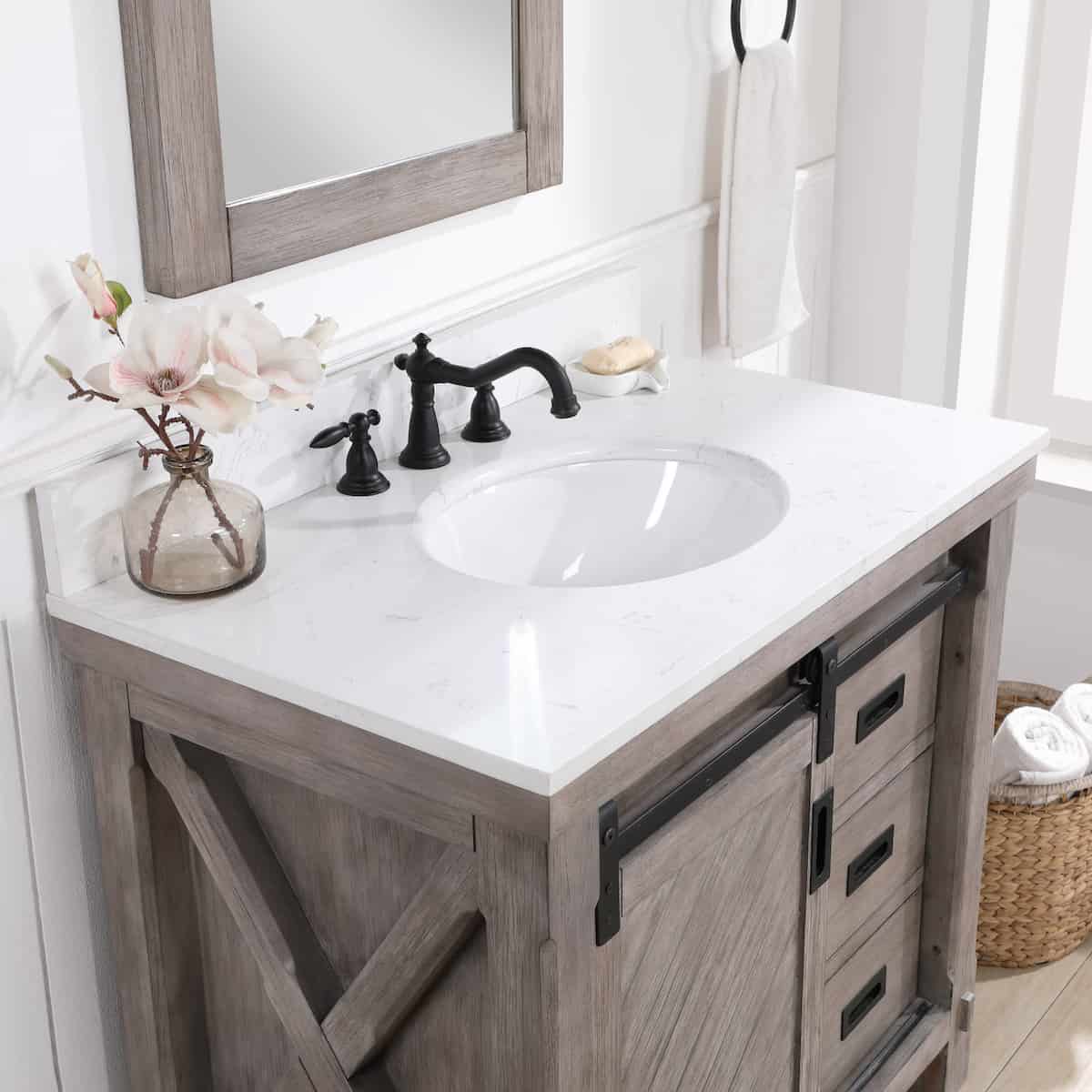 Vinnova Cortes 36 Inch Freestanding Single Sink Bath Vanity in Classical Grey with White Composite Countertop With Mirror Counter 701736-CR-WS