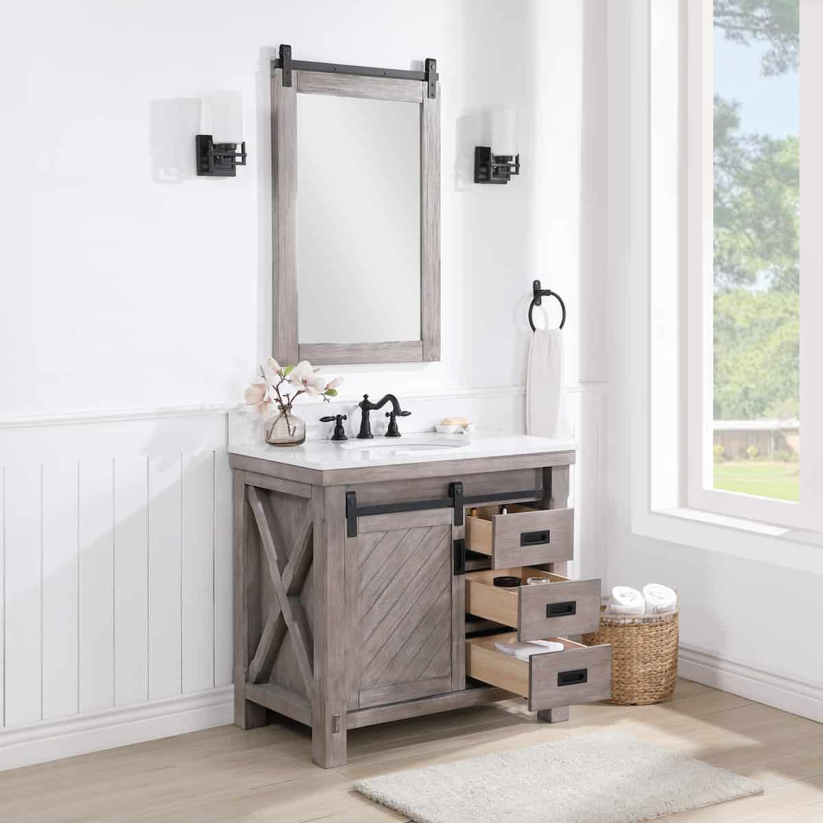 Vinnova Cortes 36 Inch Freestanding Single Sink Bath Vanity in Classical Grey with White Composite Countertop With Mirror Drawers 701736-CR-WS