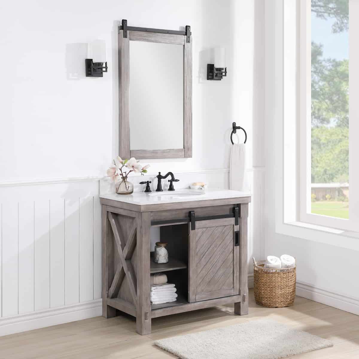 Vinnova Cortes 36 Inch Freestanding Single Sink Bath Vanity in Classical Grey with White Composite Countertop With Mirror Inside 701736-CR-WS