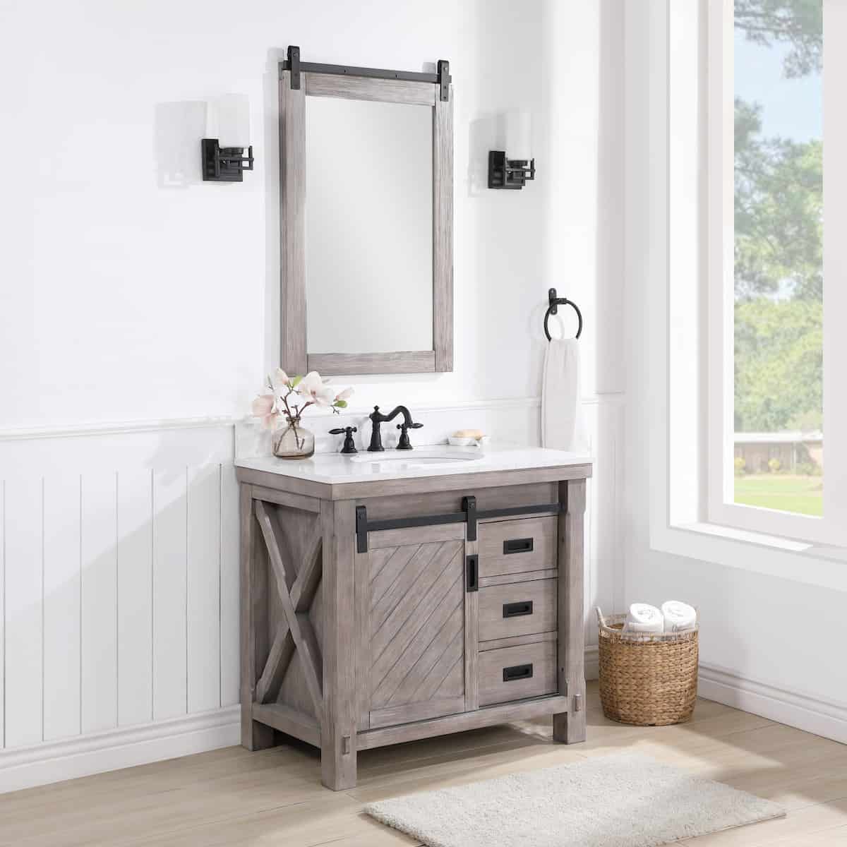 Vinnova Cortes 36 Inch Freestanding Single Sink Bath Vanity in Classical Grey with White Composite Countertop With Mirror Side 701736-CR-WS