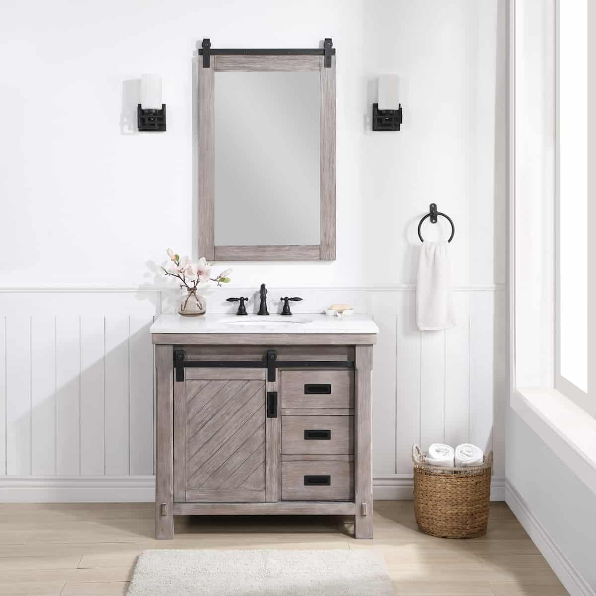 Vinnova Cortes 36 Inch Freestanding Single Sink Bath Vanity in Classical Grey with White Composite Countertop With Mirror in Bathroom 701736-CR-WS