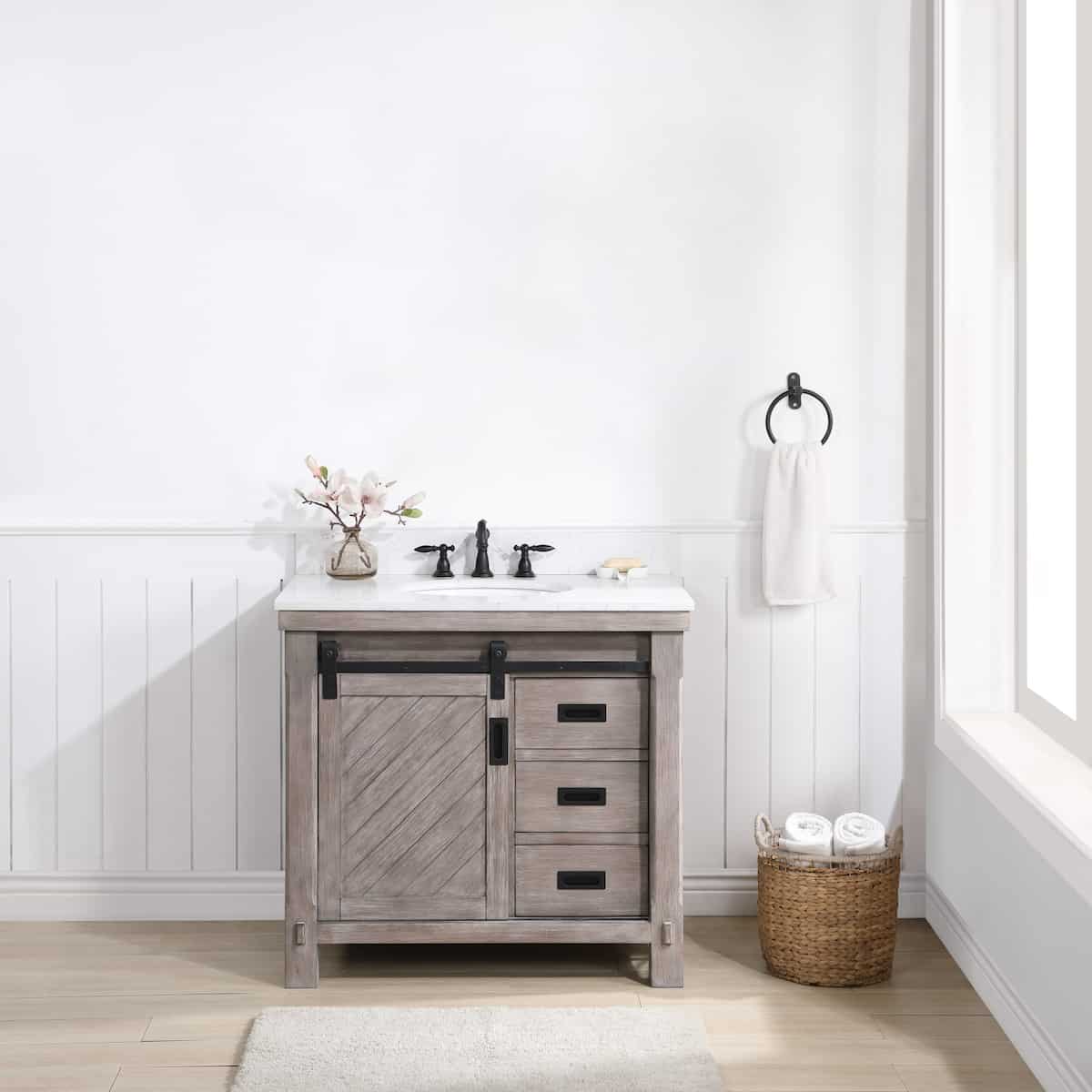 Vinnova Cortes 36 Inch Freestanding Single Sink Bath Vanity in Classical Grey with White Composite Countertop Without Mirror Front 701736-CR-WS-NM