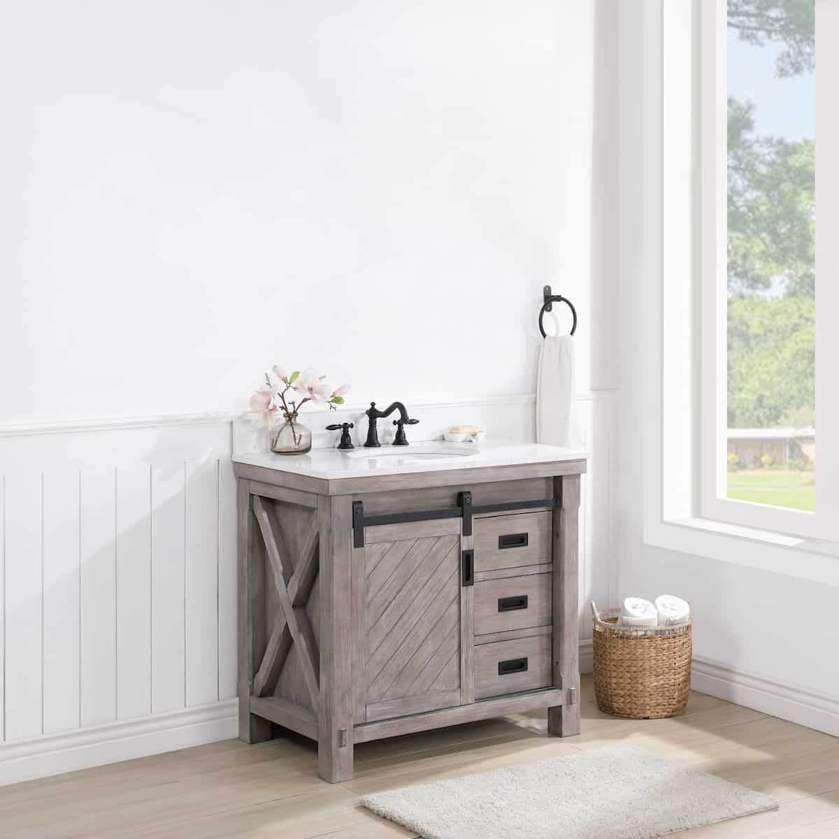 Vinnova Cortes 36 Inch Freestanding Single Sink Bath Vanity in Classical Grey with White Composite Countertop Without Mirror Left Side 701736-CR-WS-NM