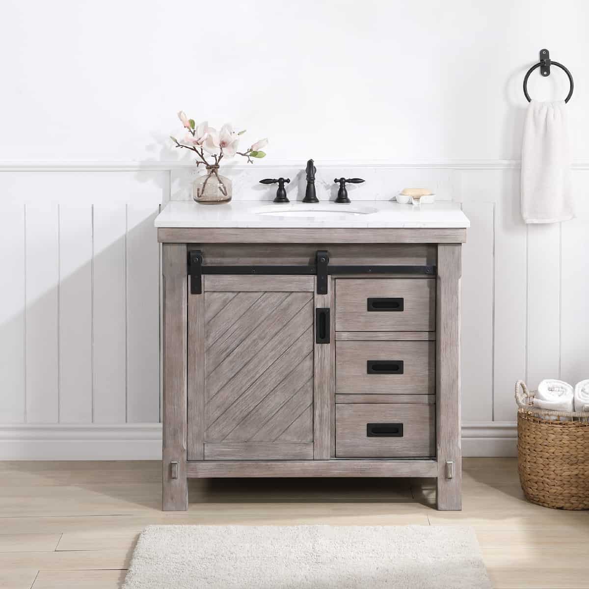 Vinnova Cortes 36 Inch Freestanding Single Sink Bath Vanity in Classical Grey with White Composite Countertop Without Mirror in Bathroom 701736-CR-WS-NM