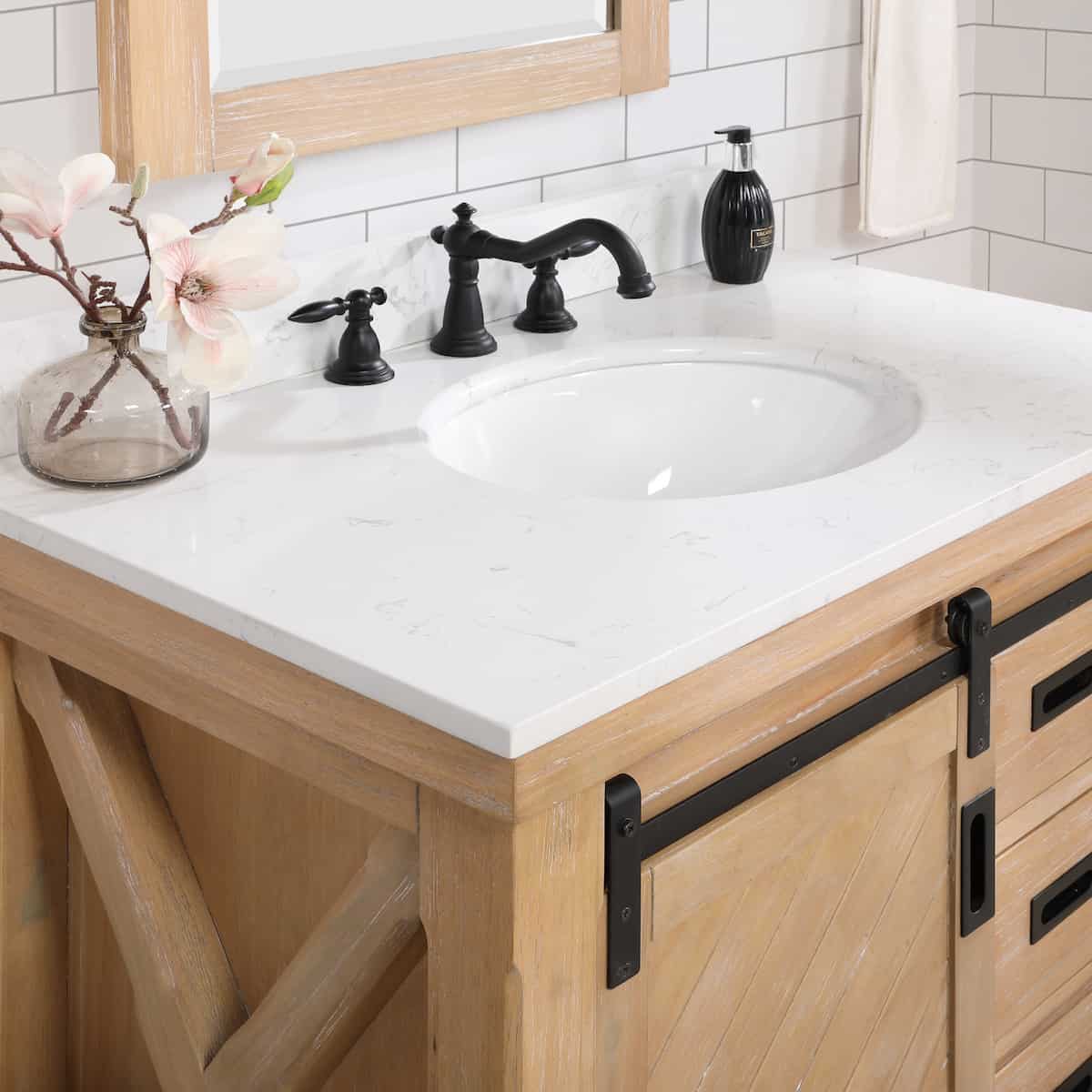 Vinnova Cortes 36 Inch Freestanding Single Sink Bath Vanity in Weathered Pine with White Composite Countertop With Mirror Counter 701736-WP-WS