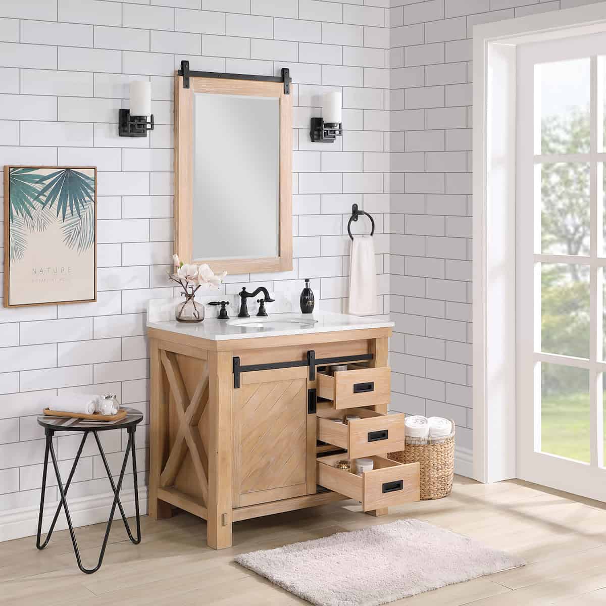 Vinnova Cortes 36 Inch Freestanding Single Sink Bath Vanity in Weathered Pine with White Composite Countertop With Mirror Drawers 701736-WP-WS