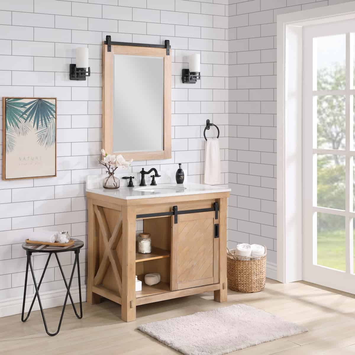 Vinnova Cortes 36 Inch Freestanding Single Sink Bath Vanity in Weathered Pine with White Composite Countertop With Mirror Inside 701736-WP-WS