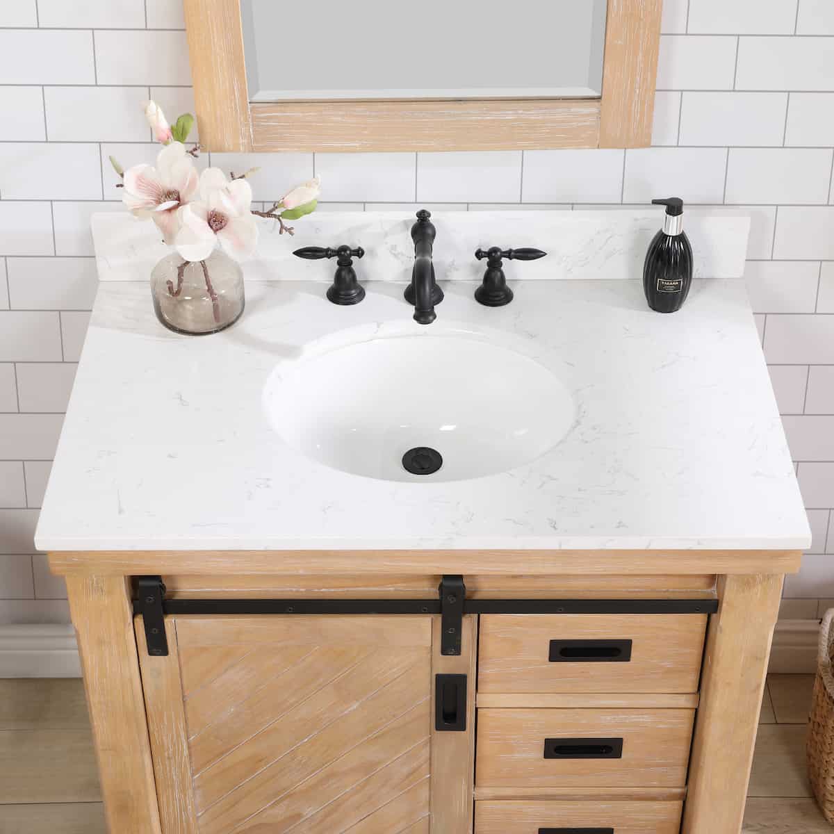 Vinnova Cortes 36 Inch Freestanding Single Sink Bath Vanity in Weathered Pine with White Composite Countertop With Mirror Sink 701736-WP-WS