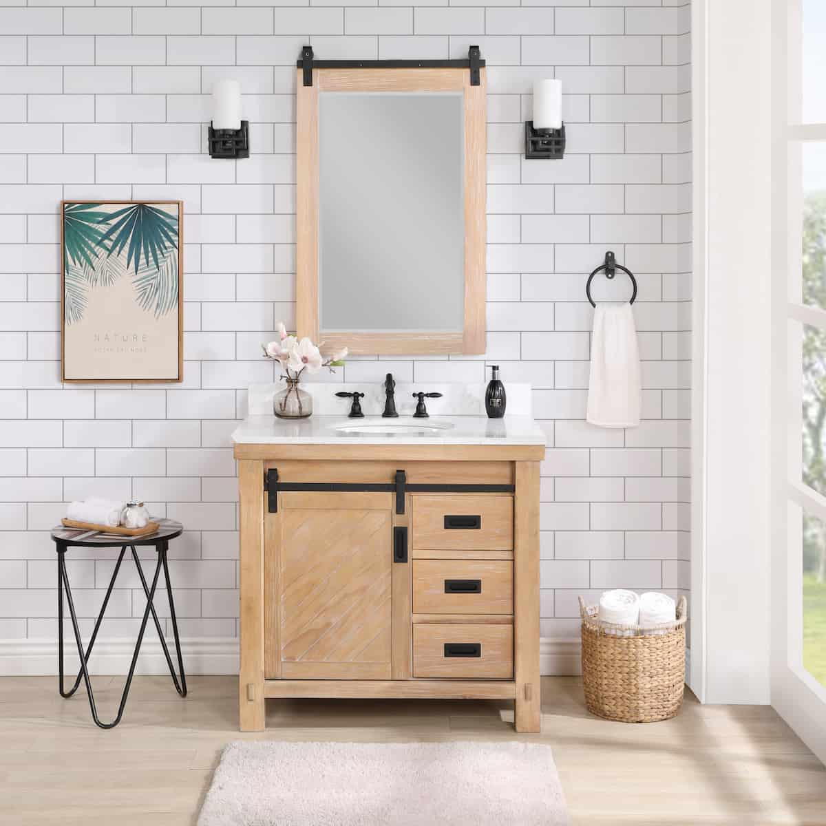 Vinnova Cortes 36 Inch Freestanding Single Sink Bath Vanity in Weathered Pine with White Composite Countertop With Mirror in Bathroom 701736-WP-WS