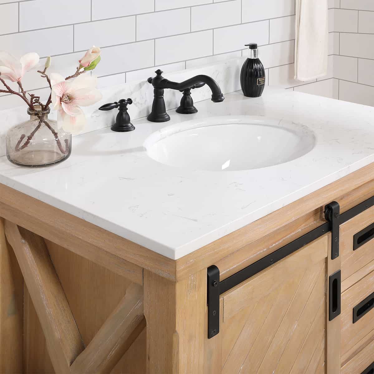 Vinnova Cortes 36 Inch Freestanding Single Sink Bath Vanity in Weathered Pine with White Composite Countertop Without Mirror Counter 701736-WP-WS-NM