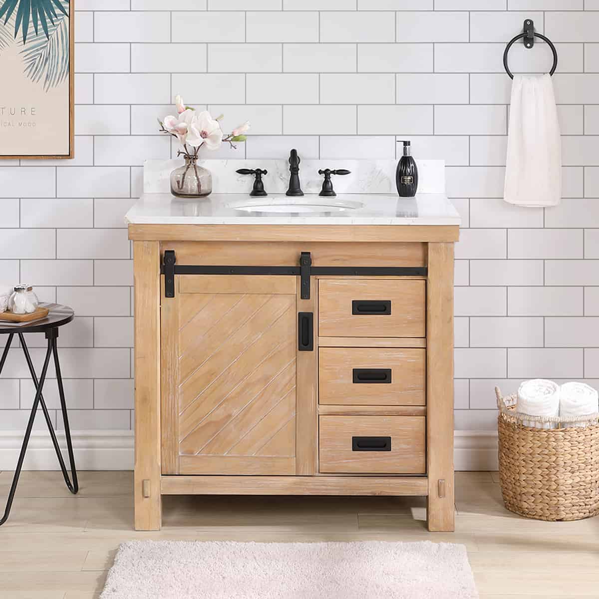 Vinnova Cortes 36 Inch Freestanding Single Sink Bath Vanity in Weathered Pine with White Composite Countertop Without Mirror in Bathroom 701736-WP-WS-NM