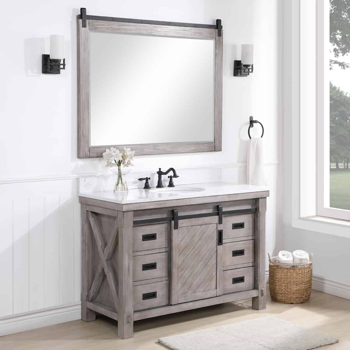 Vinnova Cortes 48 Inch Freestanding Single Sink Bath Vanity in Classical Grey with White Composite Countertop With Mirror Side 701748-CR-WS