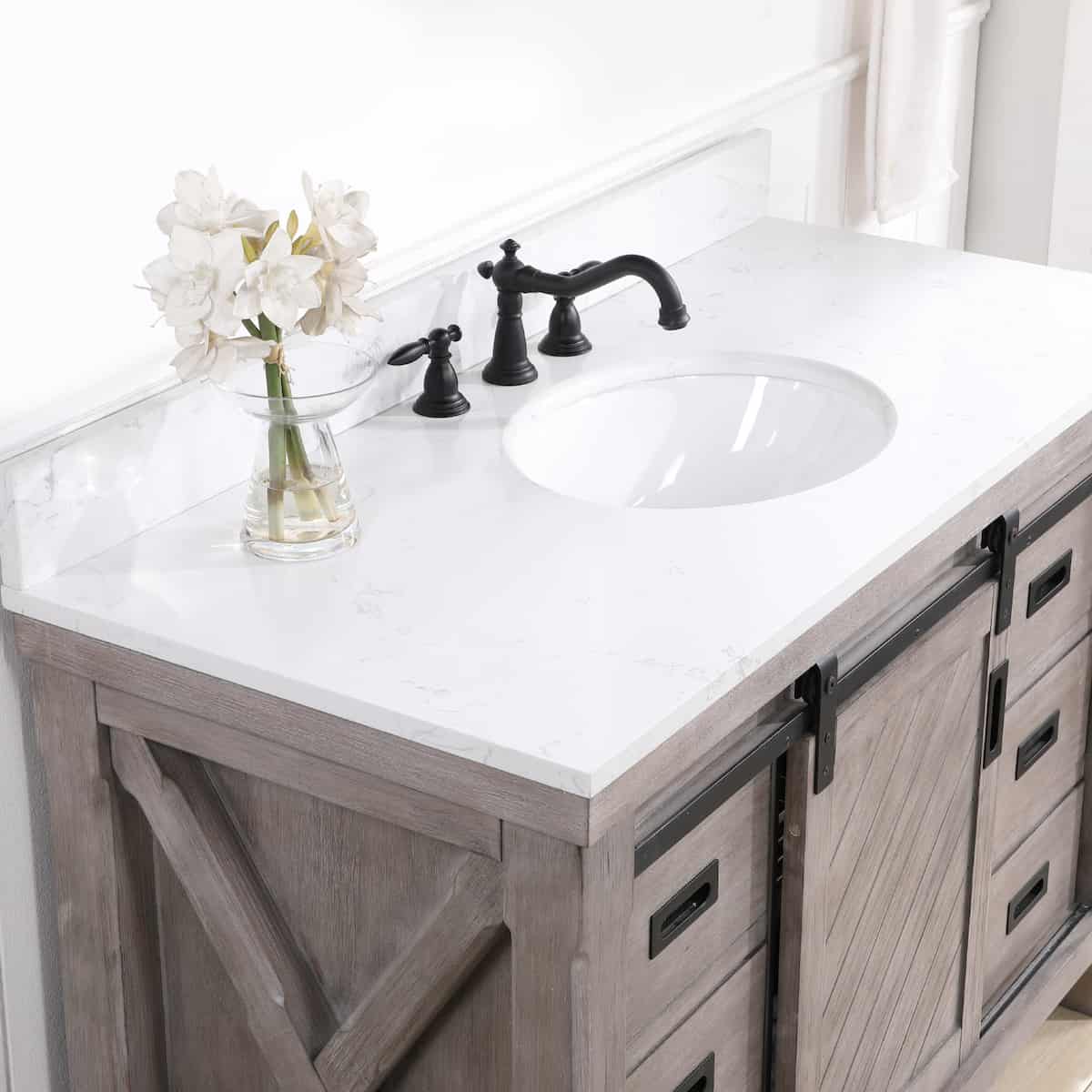 Vinnova Cortes 48 Inch Freestanding Single Sink Bath Vanity in Classical Grey with White Composite Countertop Without Mirror Counter 701748-CR-WS-NM