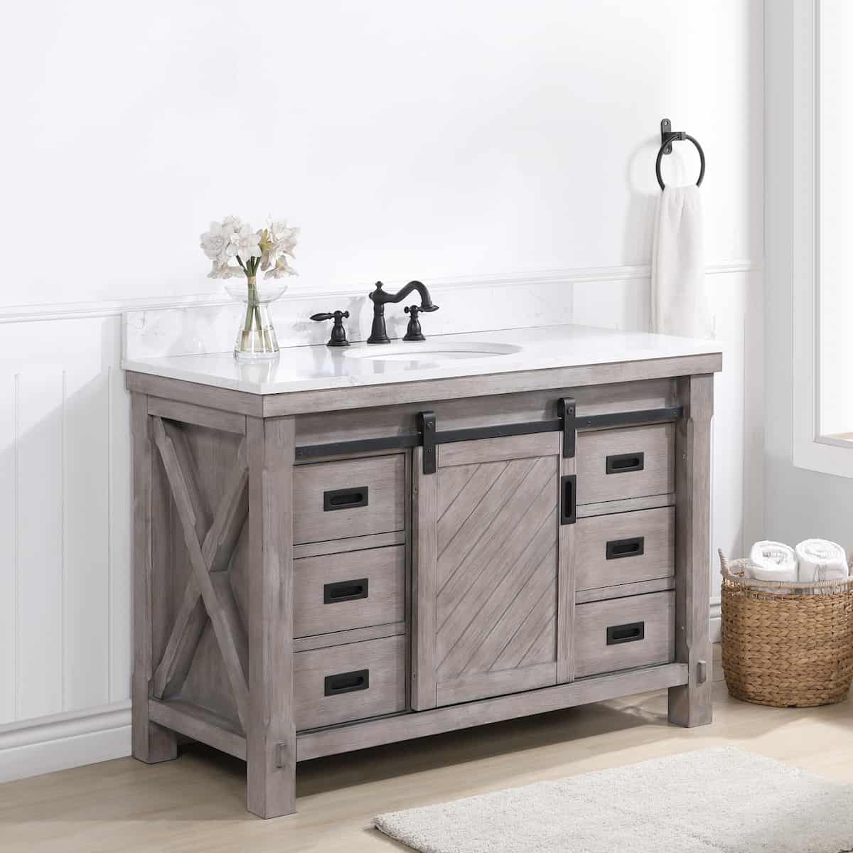 Vinnova Cortes 48 Inch Freestanding Single Sink Bath Vanity in Classical Grey with White Composite Countertop Without Mirror Side 701748-CR-WS-NM