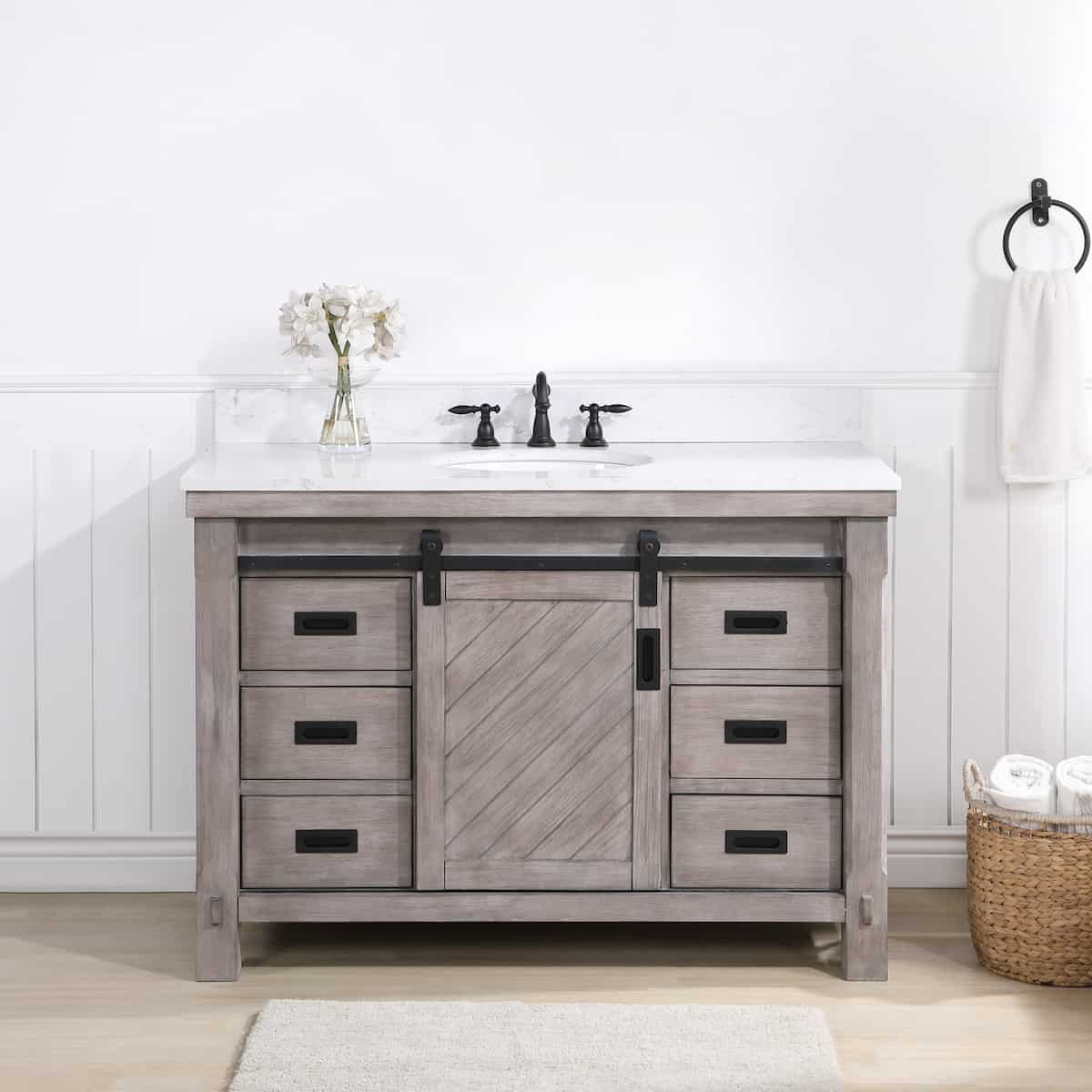 Vinnova Cortes 48 Inch Freestanding Single Sink Bath Vanity in Classical Grey with White Composite Countertop Without Mirror in Bathroom 701748-CR-WS-NM