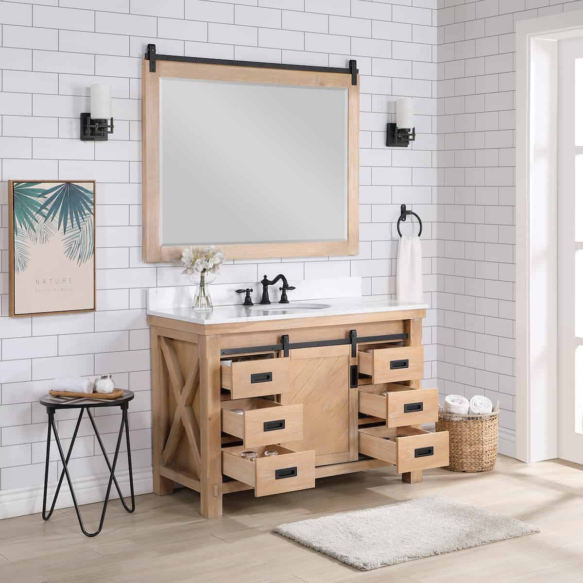 Vinnova Cortes 48 Inch Freestanding Single Sink Bath Vanity in Weathered Pine with White Composite Countertop With Mirror Drawers 701748-WP-WS