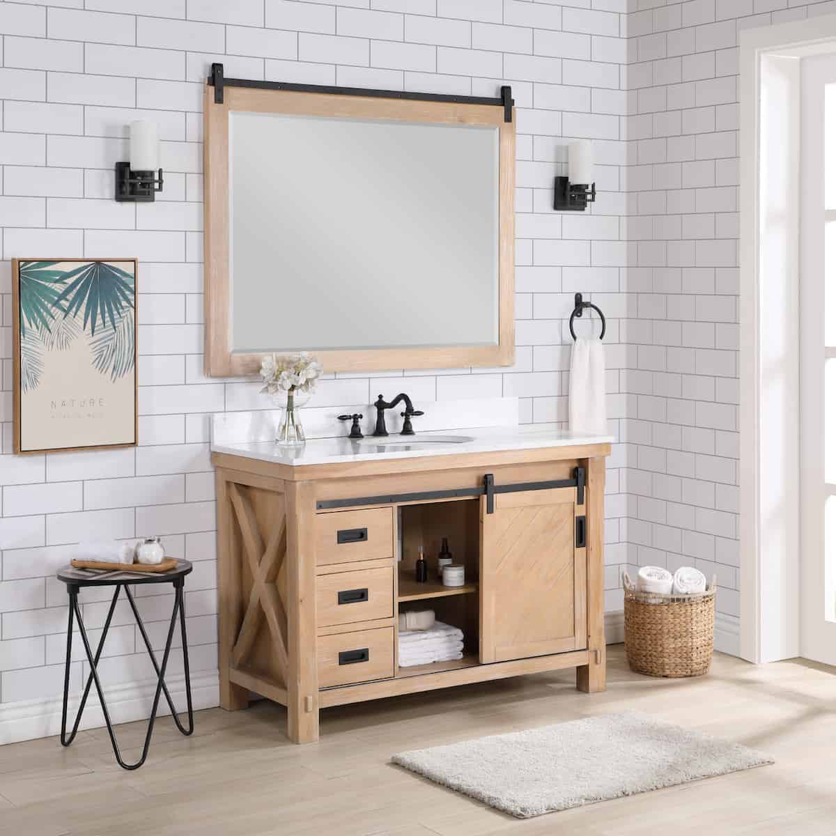 Vinnova Cortes 48 Inch Freestanding Single Sink Bath Vanity in Weathered Pine with White Composite Countertop With Mirror Inside 701748-WP-WS
