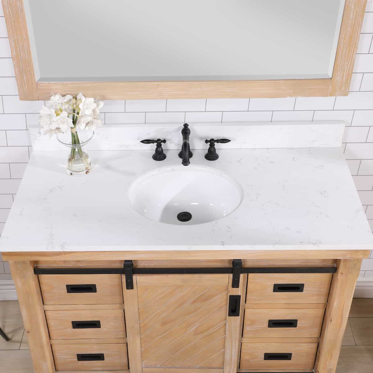 Vinnova Cortes 48 Inch Freestanding Single Sink Bath Vanity in Weathered Pine with White Composite Countertop With Mirror Sink 701748-WP-WS