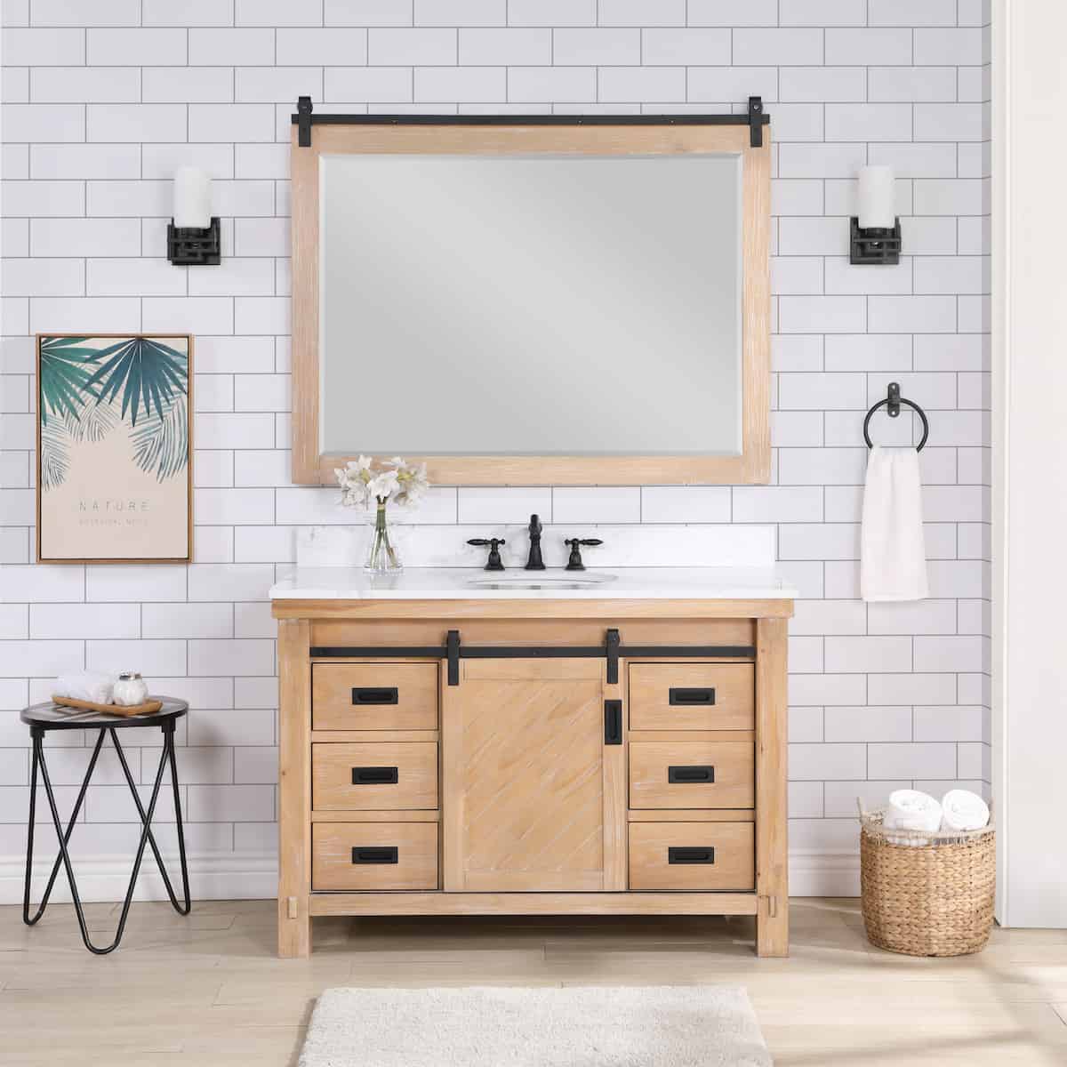 Vinnova Cortes 48 Inch Freestanding Single Sink Bath Vanity in Weathered Pine with White Composite Countertop With Mirror in Bathroom 701748-WP-WS