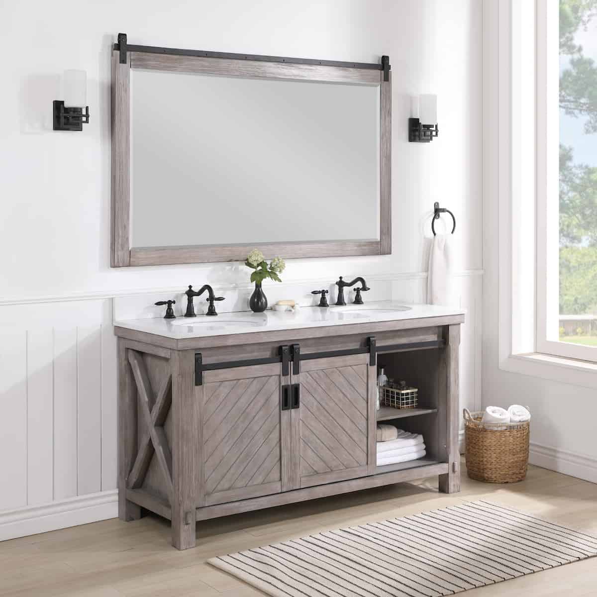 Vinnova Cortes 60 Inch Freestanding Double Sink Bath Vanity in Classical Grey with White Composite Countertop With Mirror Cabinet 701760-CR-WS