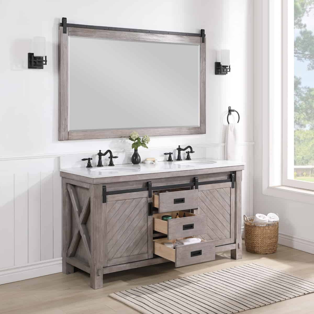 Vinnova Cortes 60 Inch Freestanding Double Sink Bath Vanity in Classical Grey with White Composite Countertop With Mirror Drawers 701760-CR-WS