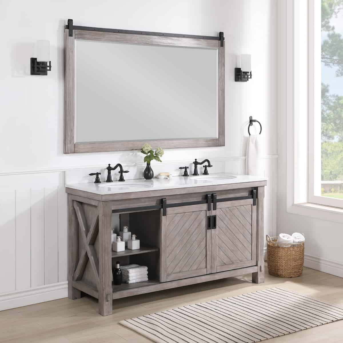 Vinnova Cortes 60 Inch Freestanding Double Sink Bath Vanity in Classical Grey with White Composite Countertop With Mirror Inside 701760-CR-WS