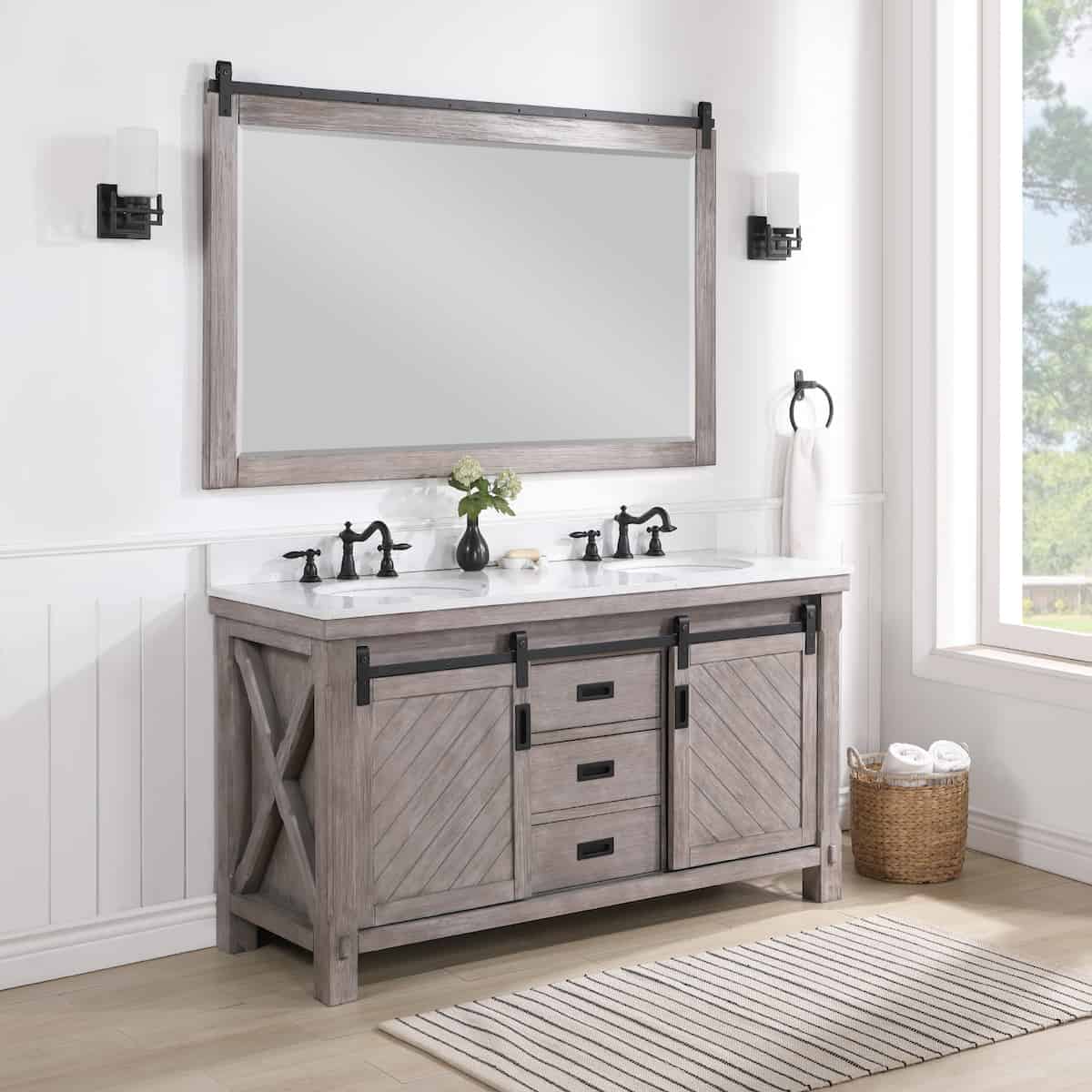 Vinnova Cortes 60 Inch Freestanding Double Sink Bath Vanity in Classical Grey with White Composite Countertop With Mirror Side 701760-CR-WS