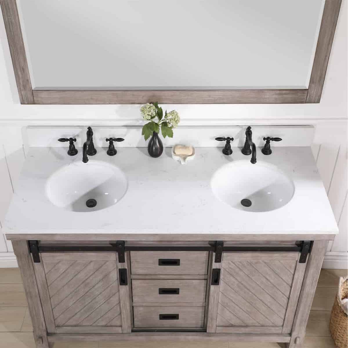 Vinnova Cortes 60 Inch Freestanding Double Sink Bath Vanity in Classical Grey with White Composite Countertop With Mirror Sinks 701760-CR-WS