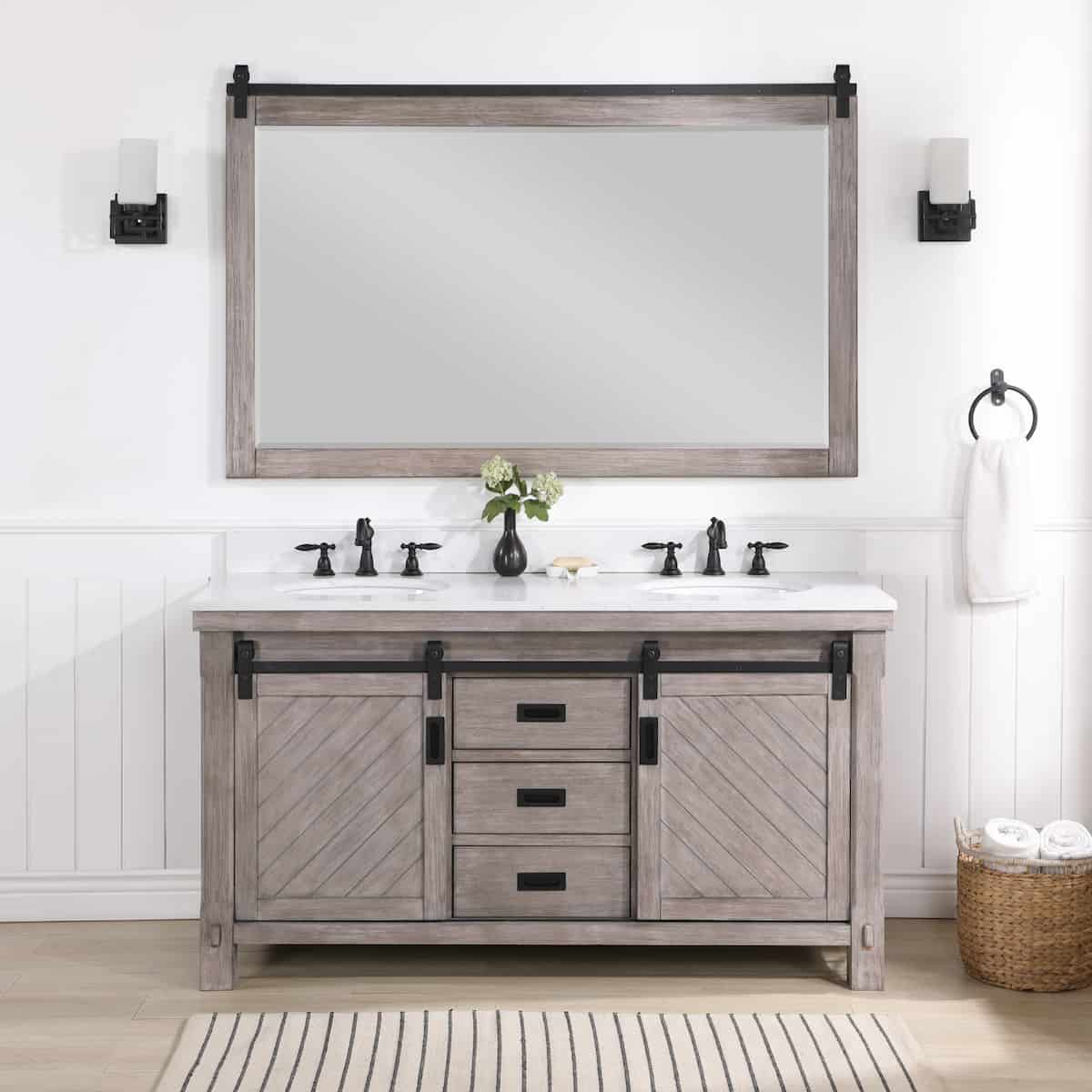 Vinnova Cortes 60 Inch Freestanding Double Sink Bath Vanity in Classical Grey with White Composite Countertop With Mirror in Bathroom 701760-CR-WS