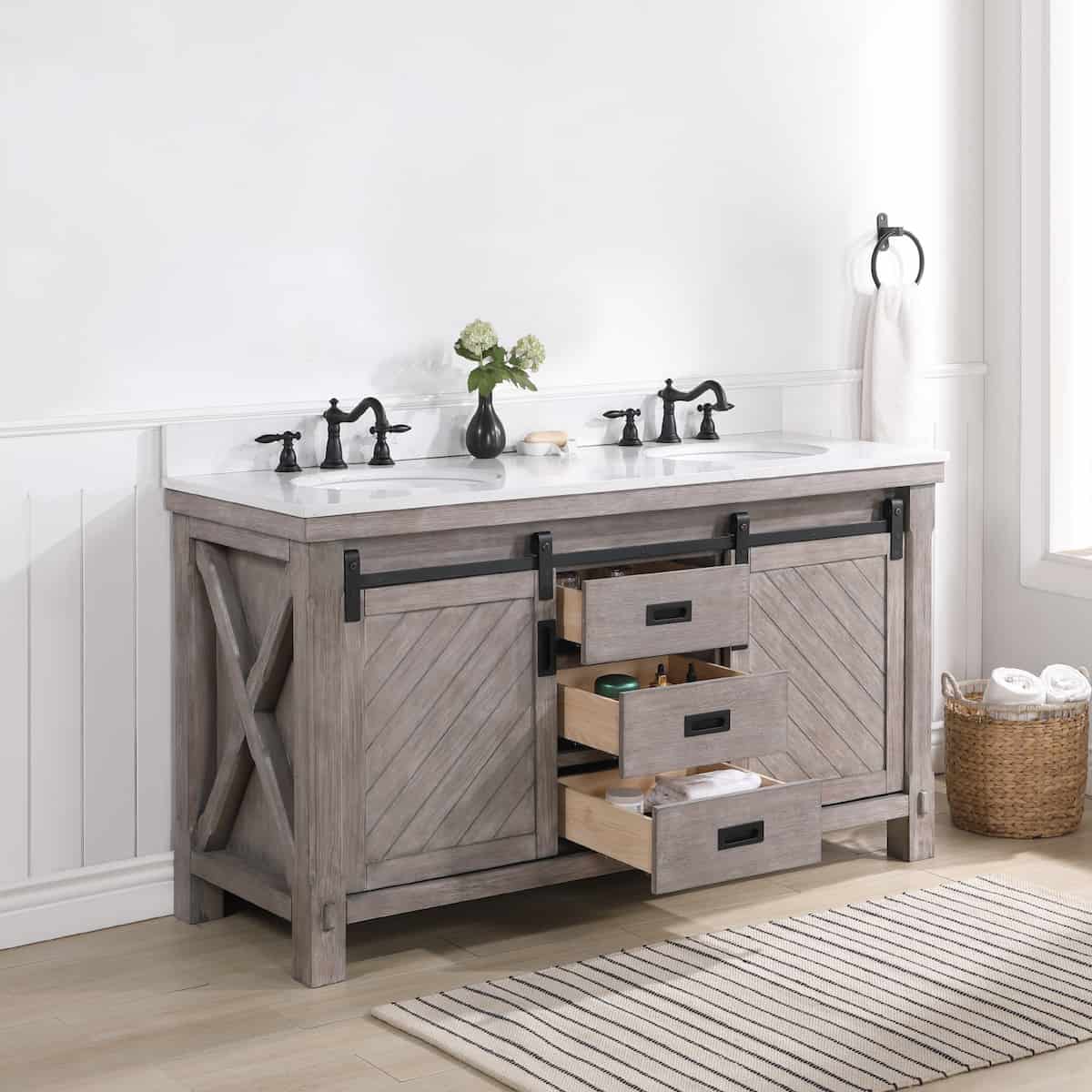 Vinnova Cortes 60 Inch Freestanding Double Sink Bath Vanity in Classical Grey with White Composite Countertop Without Mirror Drawers 701760-CR-WS-NM
