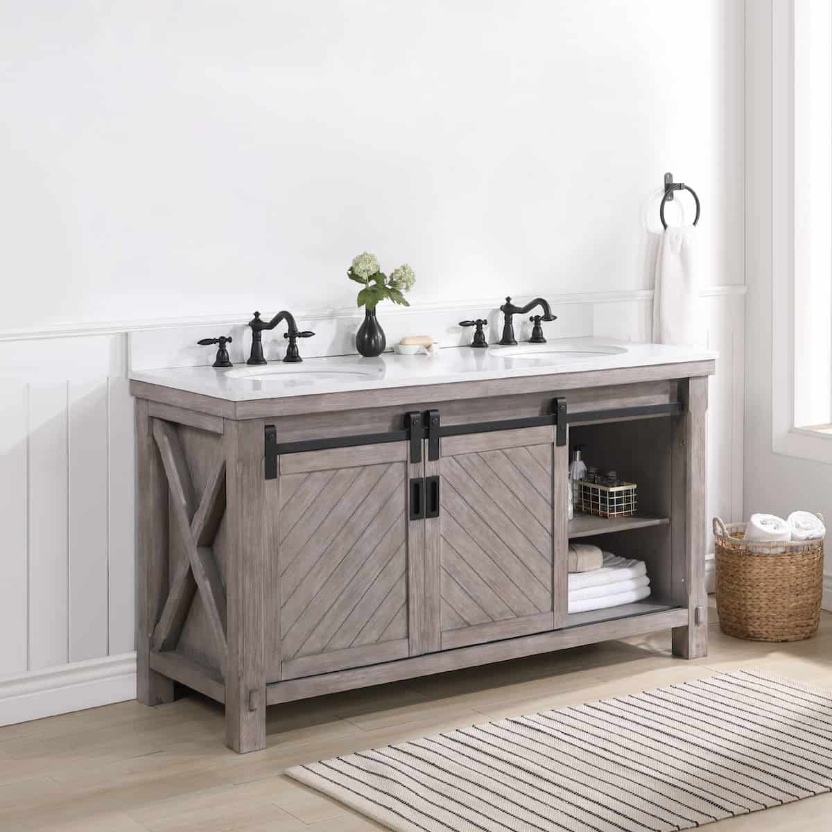 Vinnova Cortes 60 Inch Freestanding Double Sink Bath Vanity in Classical Grey with White Composite Countertop Without Mirror Cabinet 701760-CR-WS-NM