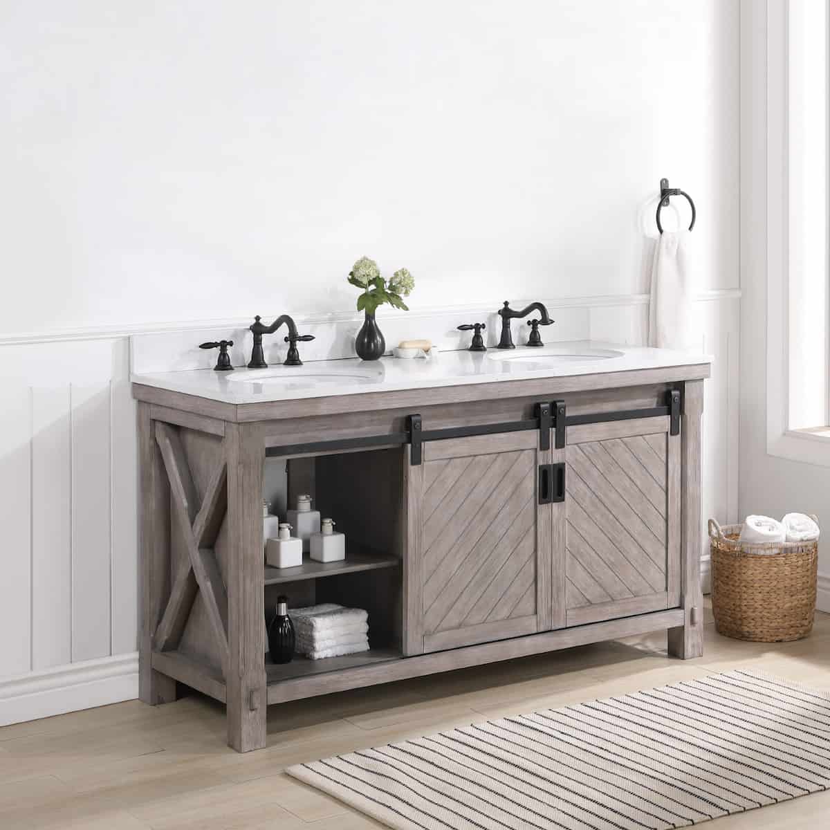 Vinnova Cortes 60 Inch Freestanding Double Sink Bath Vanity in Classical Grey with White Composite Countertop Without Mirror Inside 701760-CR-WS-NM