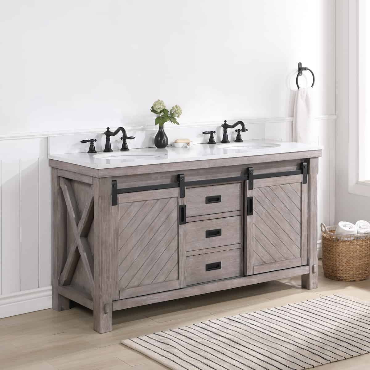 Vinnova Cortes 60 Inch Freestanding Double Sink Bath Vanity in Classical Grey with White Composite Countertop Without Mirror Side 701760-CR-WS-NM