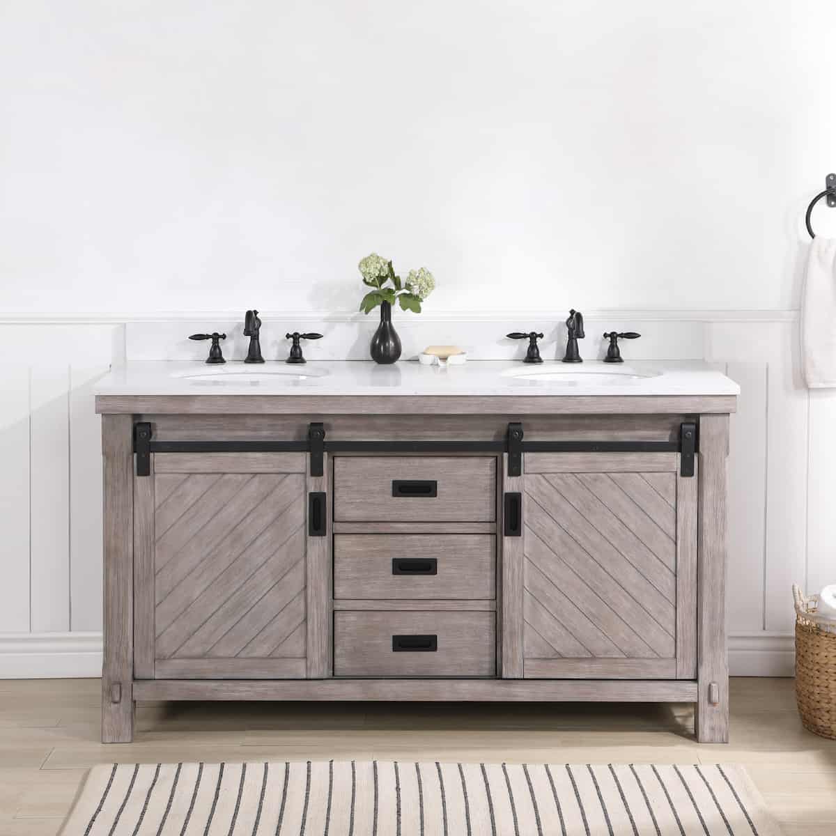 Vinnova Cortes 60 Inch Freestanding Double Sink Bath Vanity in Classical Grey with White Composite Countertop Without Mirror in Bathroom 701760-CR-WS-NM