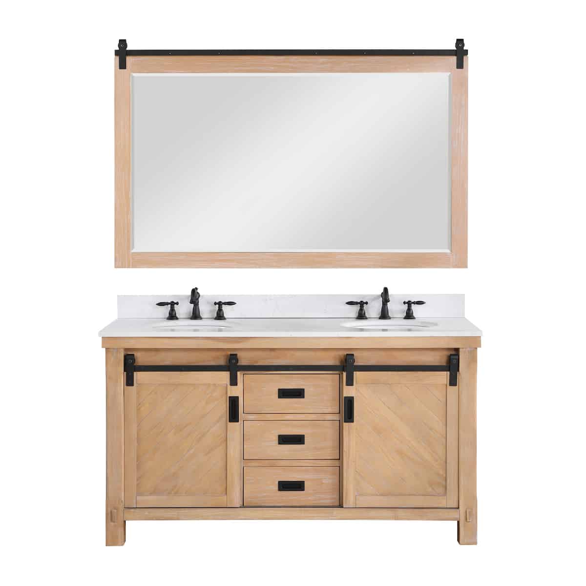 Vinnova Cortes 60 Inch Freestanding Double Sink Bath Vanity in Weathered Pine with White Composite Countertop With Mirror 701760-WP-WS