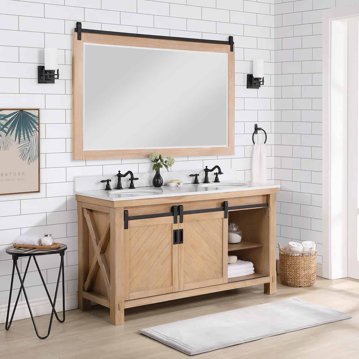 Vinnova Cortes 60 Inch Freestanding Double Sink Bath Vanity in Weathered Pine with White Composite Countertop With Mirror Cabinet 701760-WP-WS