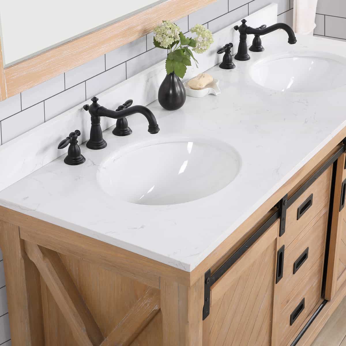 Vinnova Cortes 60 Inch Freestanding Double Sink Bath Vanity in Weathered Pine with White Composite Countertop With Mirror Counter 701760-WP-WS