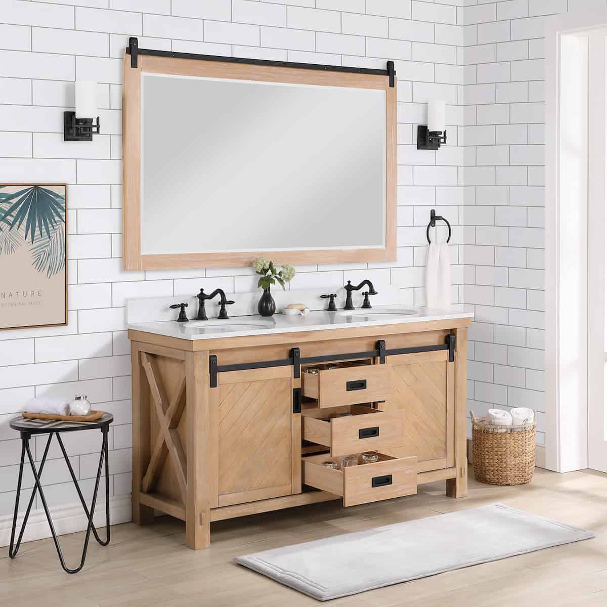 Vinnova Cortes 60 Inch Freestanding Double Sink Bath Vanity in Weathered Pine with White Composite Countertop With Mirror Drawers 701760-WP-WS