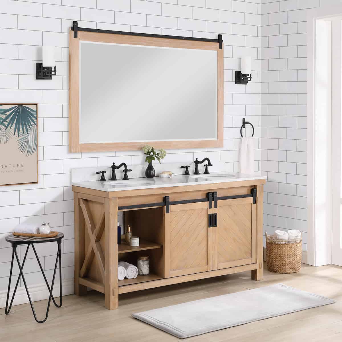 Vinnova Cortes 60 Inch Freestanding Double Sink Bath Vanity in Weathered Pine with White Composite Countertop With Mirror Inside 701760-WP-WS