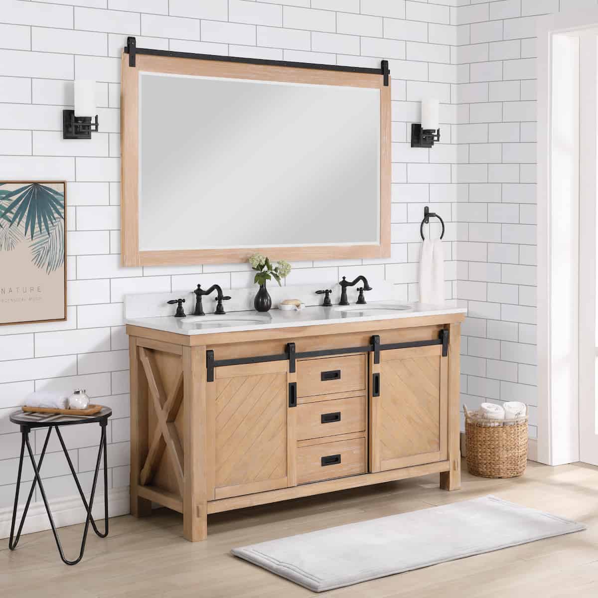 Vinnova Cortes 60 Inch Freestanding Double Sink Bath Vanity in Weathered Pine with White Composite Countertop With Mirror Side 701760-WP-WS