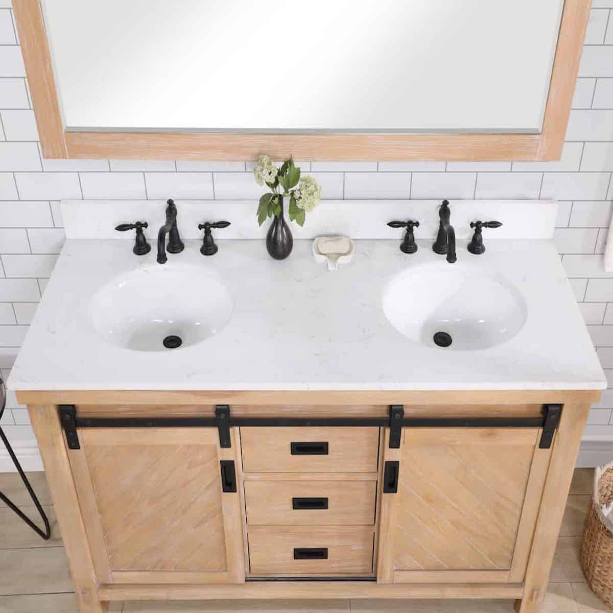 Vinnova Cortes 60 Inch Freestanding Double Sink Bath Vanity in Weathered Pine with White Composite Countertop With Mirror Sinks 701760-WP-WS