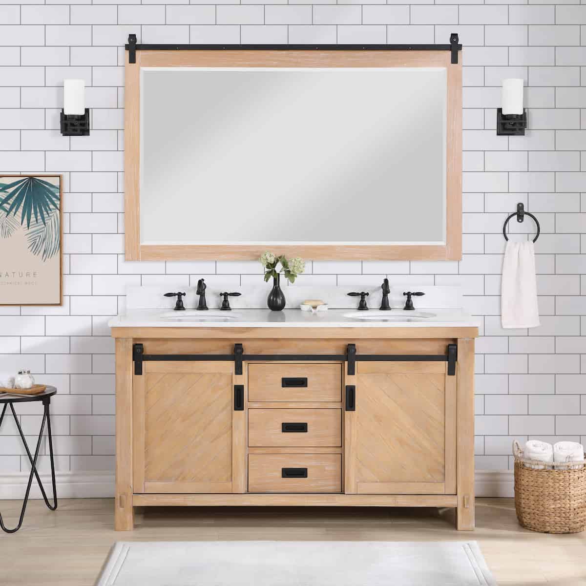 Vinnova Cortes 60 Inch Freestanding Double Sink Bath Vanity in Weathered Pine with White Composite Countertop With Mirror in Bathroom 701760-WP-WS