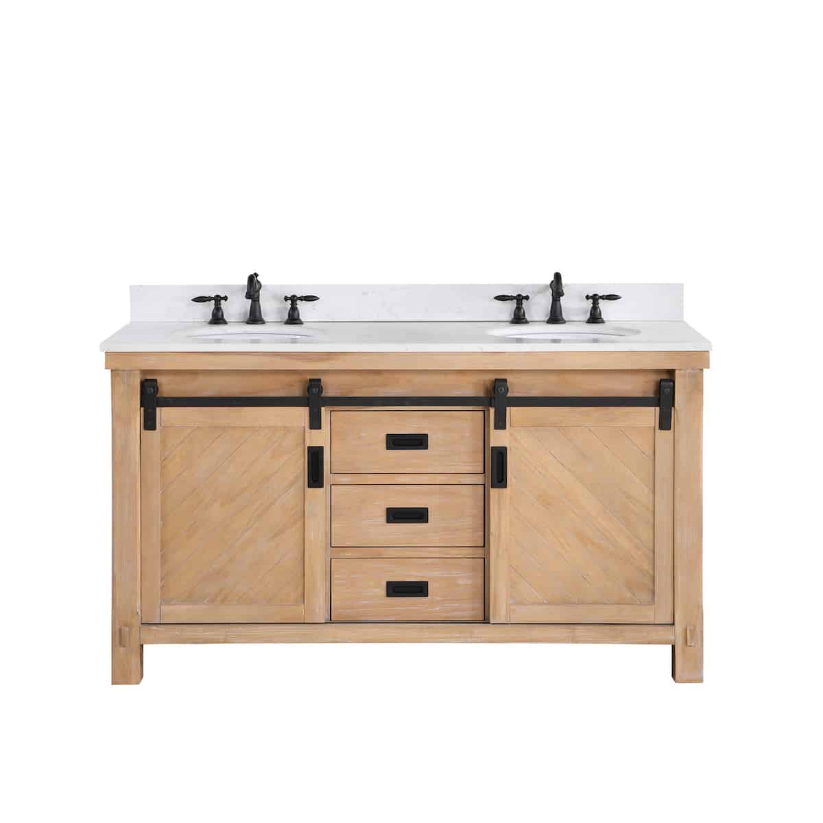 Vinnova Cortes 60 Inch Freestanding Double Sink Bath Vanity in Weathered Pine with White Composite Countertop Without Mirror 701760-WP-WS-NM